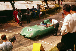Innes Ireland at the wheel of his Lotus Eleven on the start line at Ollon Villars in 1958