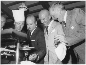 Louis Chiron, playful as usual in a chefs hat with fellow Club founders, Juan Manuel Fangio, Nino Farina and Tuolo de Graffenried