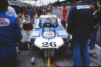 Jacques Lafitte in the pits at Brands Hatch in the Ligier JS11 in 1980