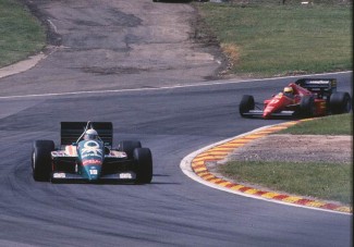 Teo in the Benetton B186 leading Michele Alboreto in the Ferrari at the 1986 British Grand Prix
