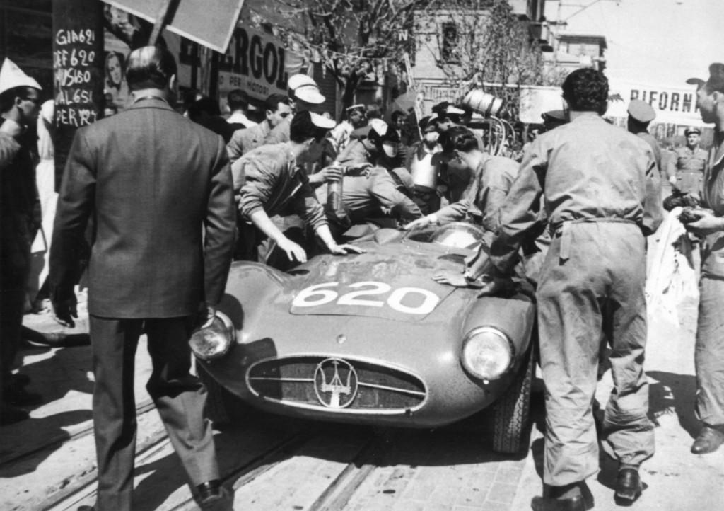 An interesting photo of Maria-Teresa with her Maserati A6GCS on the 1955 Mille Miglia. Note the board on the left listing the names and numbers of the Maserati drivers with MT and race number 620