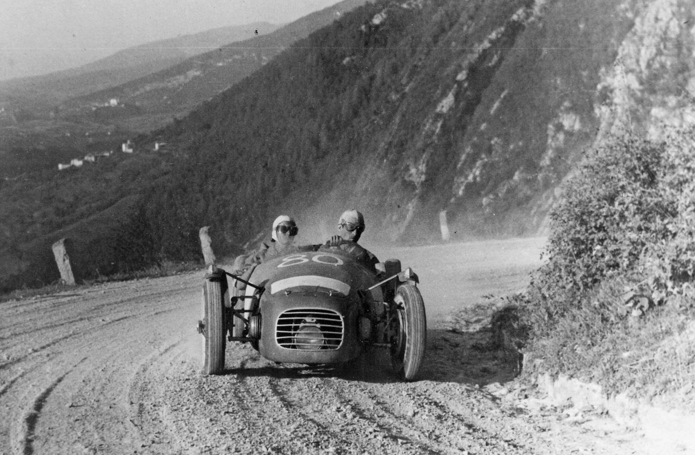 Driving the Urania-BMW – powered by a BMW motor cycle engine – on the 1949 Stella Alpina event