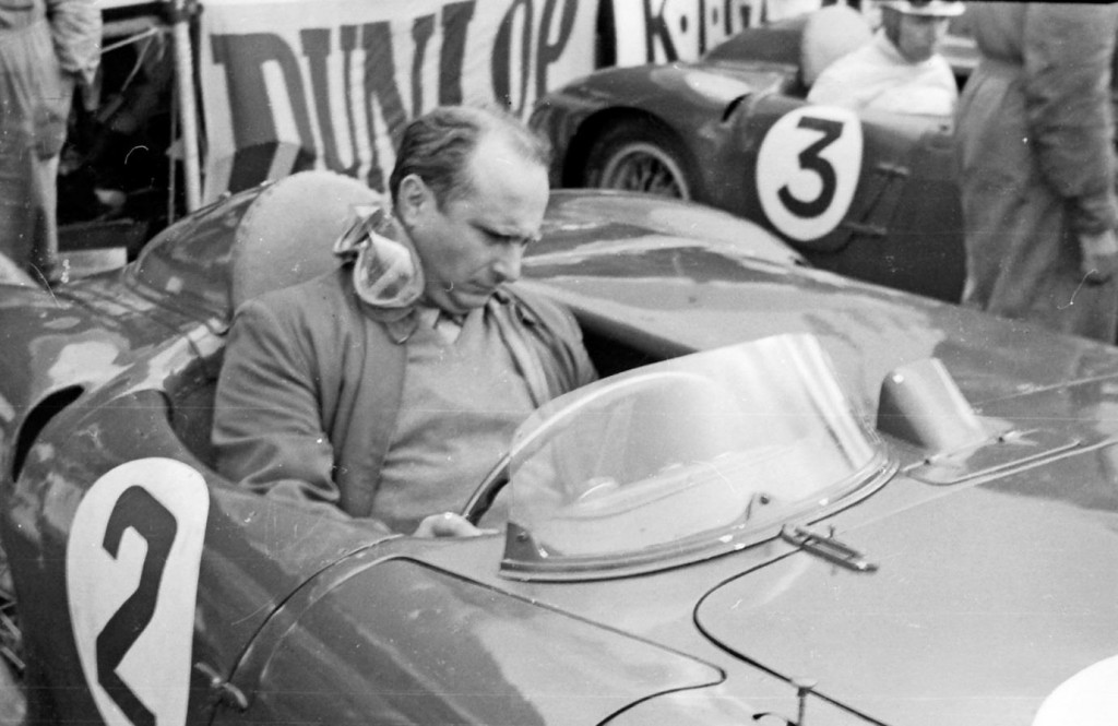 Fangio at the wheel of the Lancia D24 sports car at the Tourist Trophy Race of 1954 at Dundrod