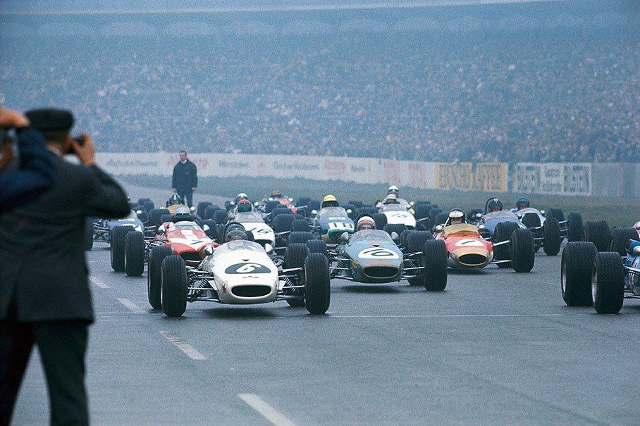 The start of the first heat of the Formula 2 race at Hockenheim on April 7 1968. Kurt Ahrens (6) in his white Brabham at the start,  with Derek Bell (10) in his Brabham and Jim Clark (1) in the Lotus