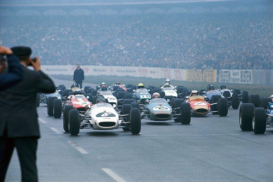 The start of the first heat of the Formula 2 race at Hockenheim on April 7 1968. Kurt Ahrens (6) in his white Brabham at the start, with Derek Bell (10) in his Brabham and Jim Clark (1) in the Lotus