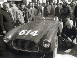 Piero Taruffi with the original 340 America Spyder (0196A) before the 1952 Mille Miglia