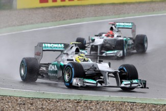 Leading Michael Schumacher in 2012 when both were at Mercedes. Photo Peter Nygaard ( Grand Prix Photo)