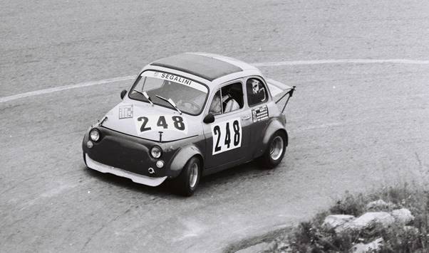 Gabriele with his Fiat 500 Abarth in a hill climb.