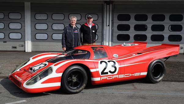 Hans Herrmann and Richard Attwood with the 1970 winning 917 from Le Mans.