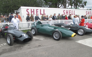 A group of the great front-engined Grand Prix cars of the 2 ½ litre formula. Left to right BRM P25, Vanwall, Connaught and Maserati 250F