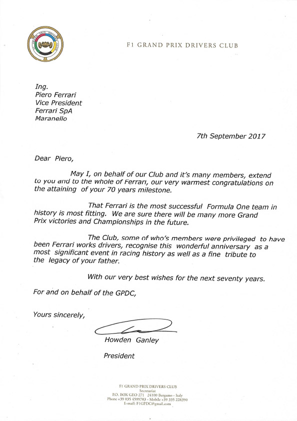 Letter to Piero Ferrari from F1GPDC