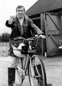 Jackie Stewart about to cycle from to Brands Hatch at the British Grand Prix meeting 1964
