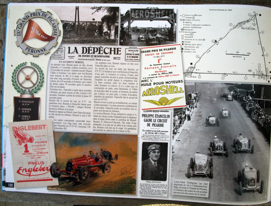 A typical page from the book showing the track layout at Peronne in 1934, pictures,reports etc.