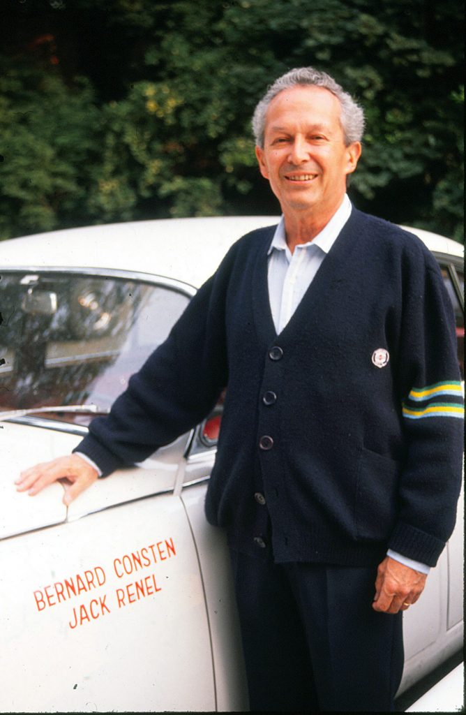 Bernard Consten photographed in 1985, re-united with his 3.8 litre Tour de France winning Jaguar 3.8