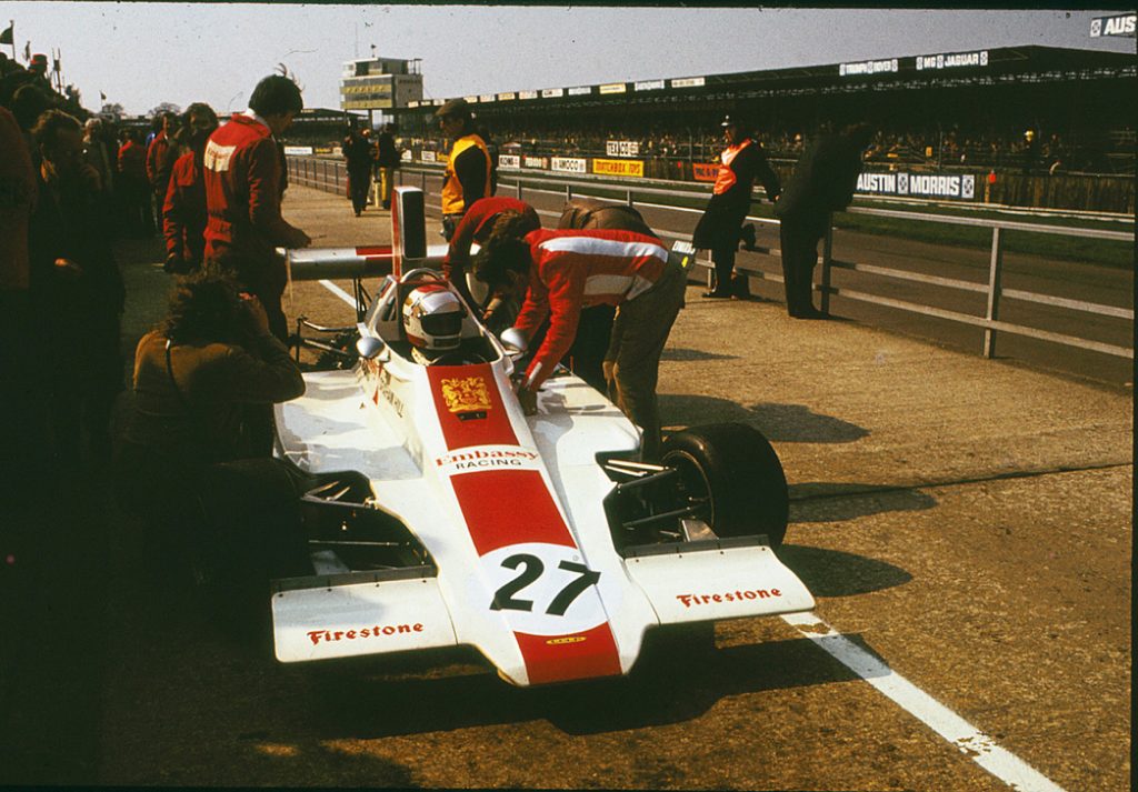 Guy Edwards in Graham Hill’s Embassy Hill grand prix car at Silverstone in 1974