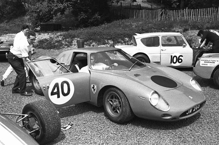 Jack Maurice photographed in 1969 at a hill climb with the Ferrari 250LM using its Drogo nose