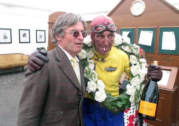Alain de Cadenet with “Tazio Nuvolari” at the Rolex drivers room at Goodwood. <em>(Photo Ganley)</em>