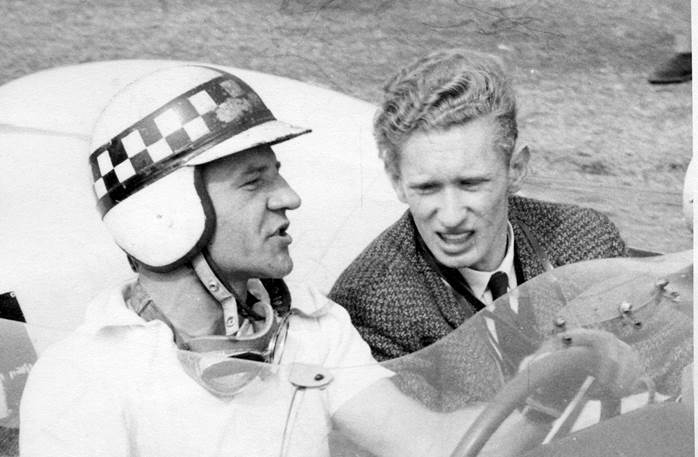 Getting a lift back to the pits in the BRP Lotus 19, Aintree 1961