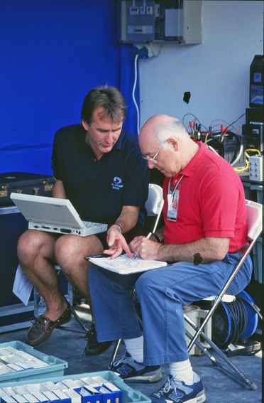 Murray at work in Macau taking notes as usual with Andy Miller of Paul Stewart Racing.