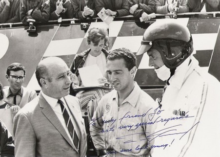 A youthful Jo Ramirez with his two early heroes, Juan Manuel Fangio and Dan Gurney, both former members of the Grand Prix Drivers Club. ( Ramirez Archives)