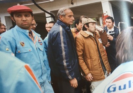 Jo, left, with John Wyer and Pedro Rodriguez and the Gulf Porsche 917 at Le Mans.( Ramirez archives)