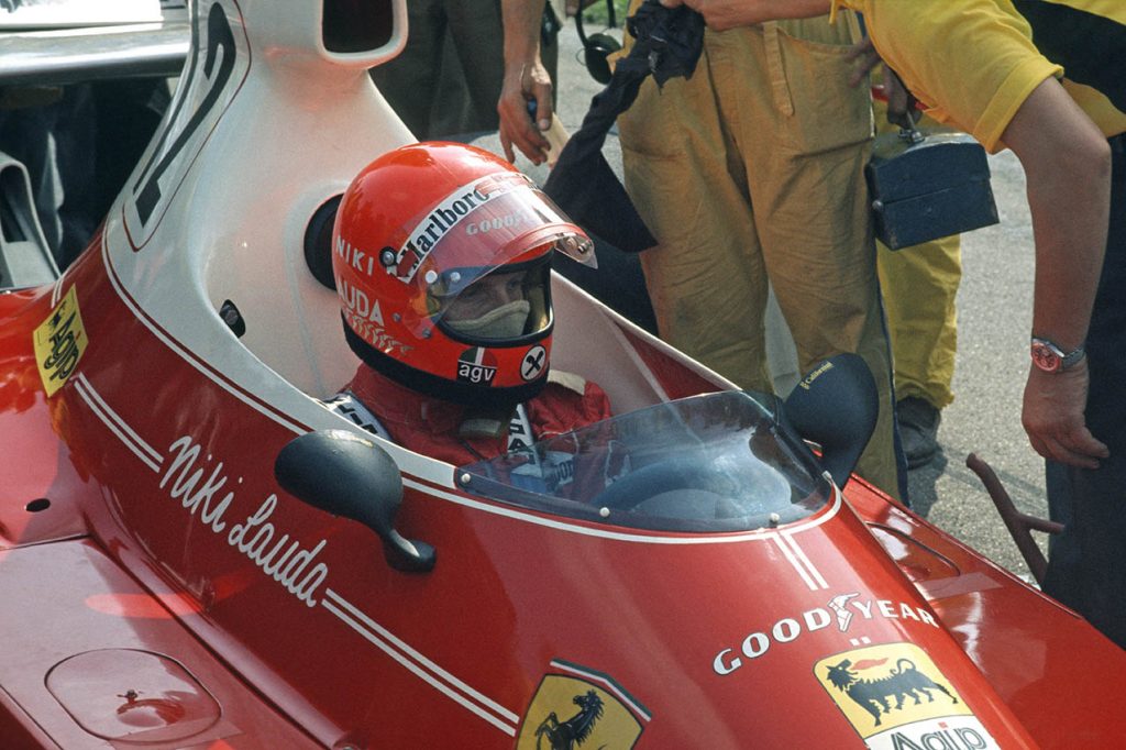 Niki Lauda (Ferrari) in the pits during thw 1975 season. Photo: Grtand Prix Photo