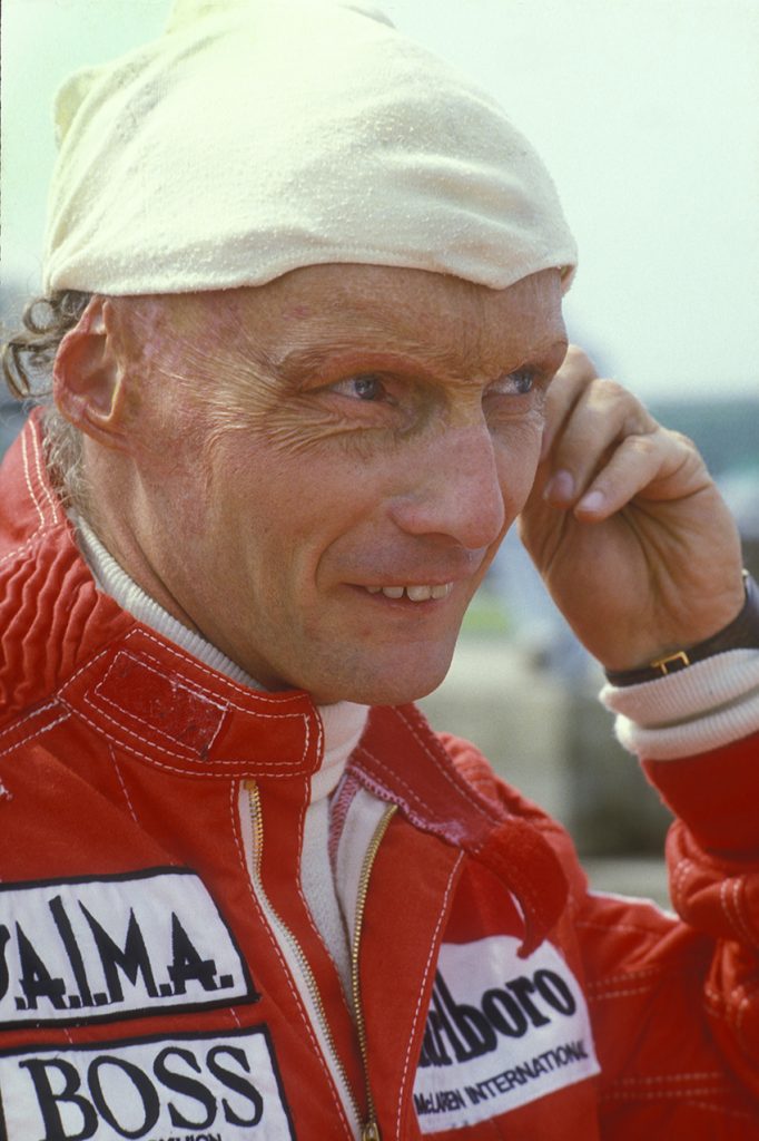 McLaren TAG-Porsche driver Niki Lauda with his balaclava during the 1985 season. Photo: Grand Prix Photo