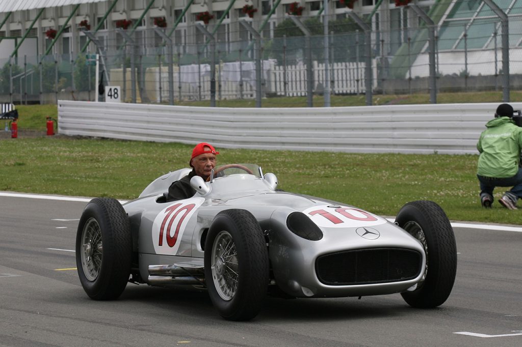 Niki Lauda in a 1954 - 1955 Mercedes before the 2009 German Grand Prix at the Nurburgring. Photo: Grand Prix Photo