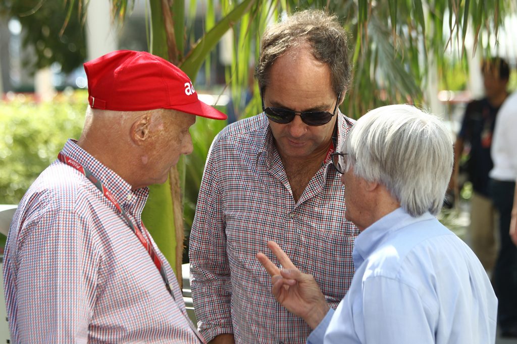 Niki Lauda, Gerhard Berger and Bernie Ecclestone before the 2011 Abu Dhabi Grand Prix at the Yas Marina Circuit. Photo: Grand Prix Photo