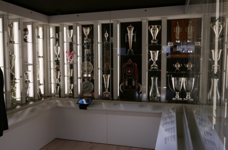 Display cabinets with silver trophies belonging Formula one racing driver Jim Clark