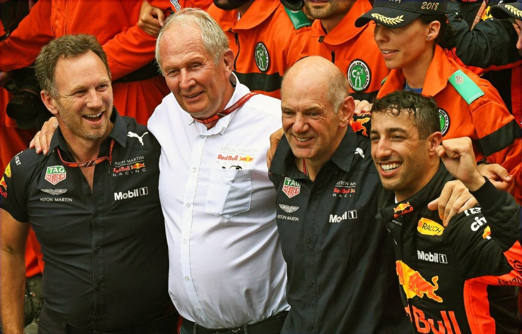 Photo of Red Bull F1 Racing Team with Christian Horner, Helmut Marko, Adrian Newey and Daniel Ricciardo