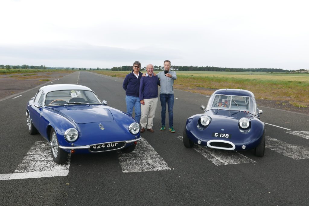 Carlo-Maria Guidici, Douglas Niven, Jim Clark’s cousin, and Matteo Panini pose on what is left of the old Charterhall racing circuit