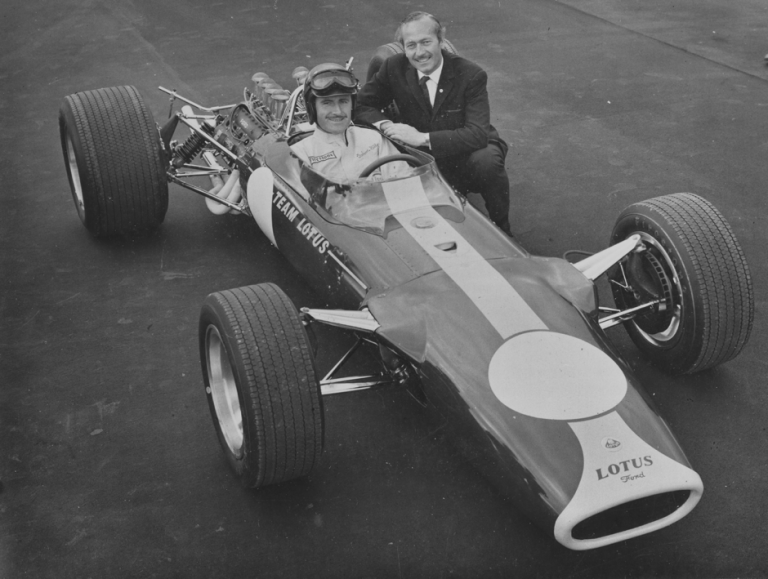 Graham Hill, Colin Chapman, the Lotus 49 and the flat Firestones