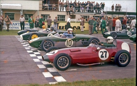 Goodwood 1960. Peter Arundell is in the foreground in his Elva Junior with Mike McKee in his Lotus 18, Jim Clark (Lotus 18) and Trevor Taylor ( Lotus 18)