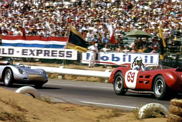 A very rare photo of Bob Bondurant driving a Ferrari, the Arciero 375MM with Ken Miles in his Porsche RS behind., Riverside 1960( Photo Allen Khun)