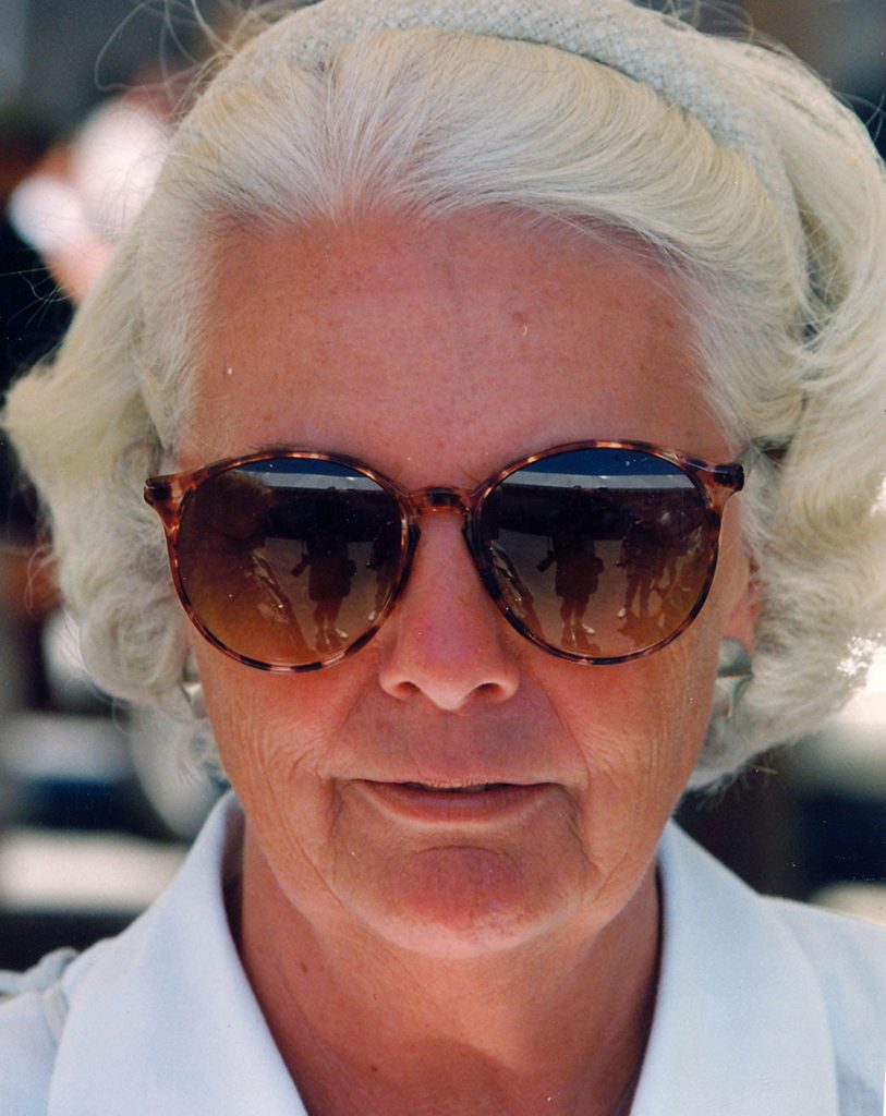 Hazel Chapman with white hair and round dark glasses